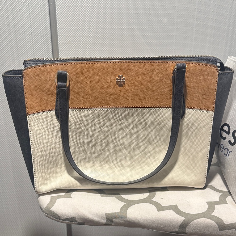 Tory Burch Emerson Bag. Black, Tan, and Cream Tote